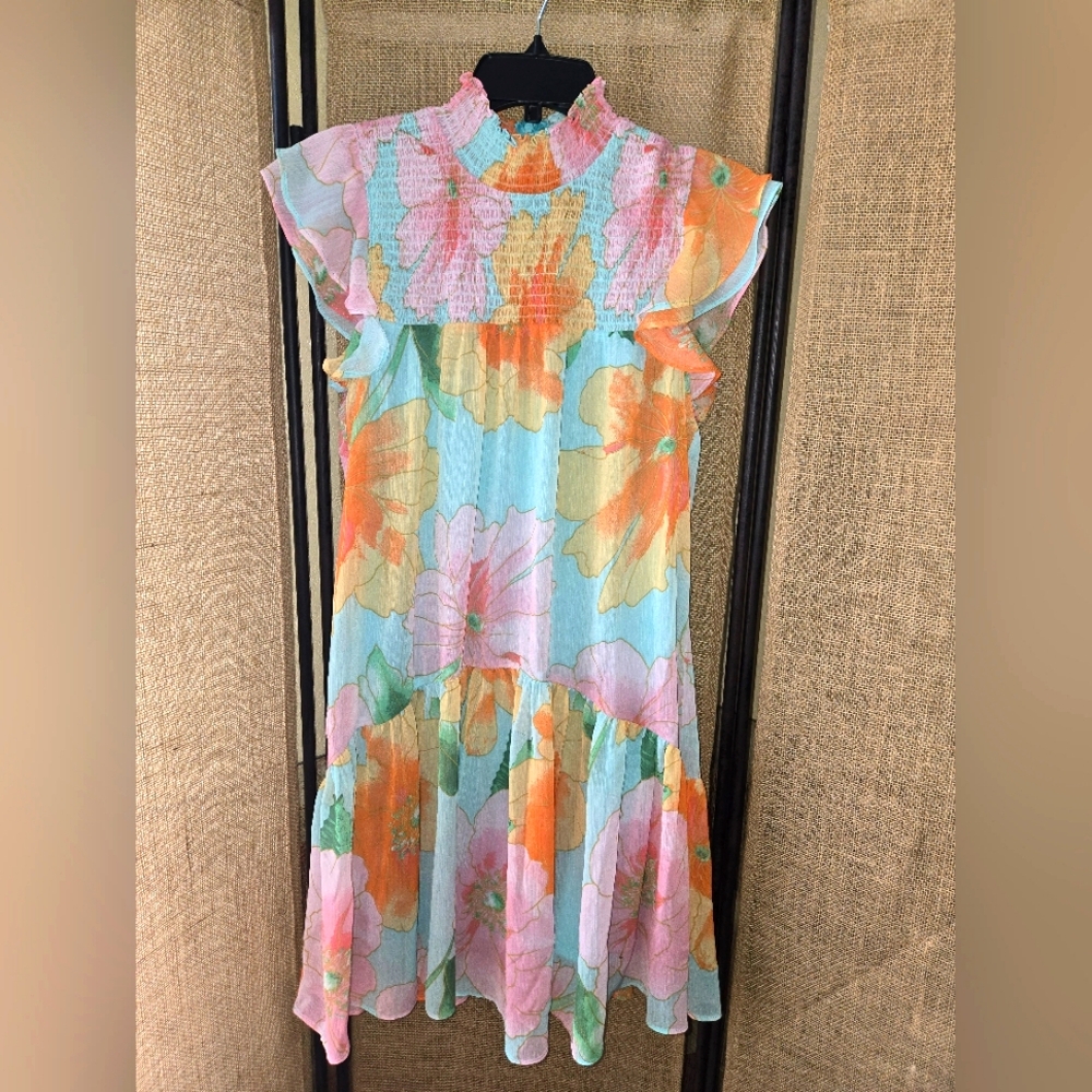 Women's Maison Tara Floral Ruched Lined Dress with Ruffled Sleeves Size 10